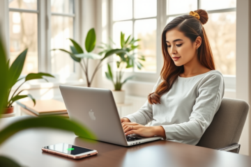 Γυναίκα ολοκληρώνει online αίτηση προσωπικού δανείου σε φωτεινό σπίτι γραφείο με γρήγορη έγκριση στην οθόνη