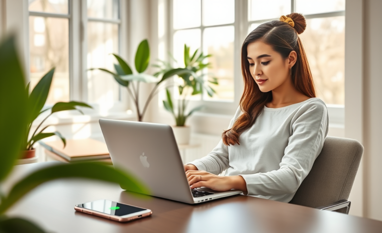 Γυναίκα ολοκληρώνει online αίτηση προσωπικού δανείου σε φωτεινό σπίτι γραφείο με γρήγορη έγκριση στην οθόνη