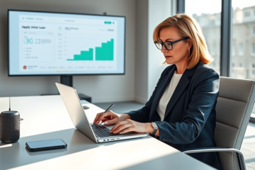 Επαγγελματίας γυναίκα υποβάλλει online αίτηση δανείου με ψηφιακή σύναψη και χαμηλότερα επιτόκια σε σύγχρονο γραφείο