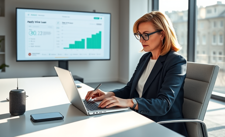 Επαγγελματίας γυναίκα υποβάλλει online αίτηση δανείου με ψηφιακή σύναψη και χαμηλότερα επιτόκια σε σύγχρονο γραφείο